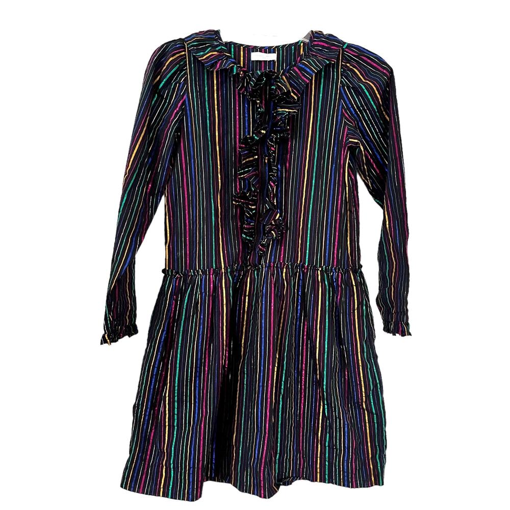 Stella McCartney Kids Rainbow Lurex Stripe Ruffle Dress Metallic Shine 14 NWT